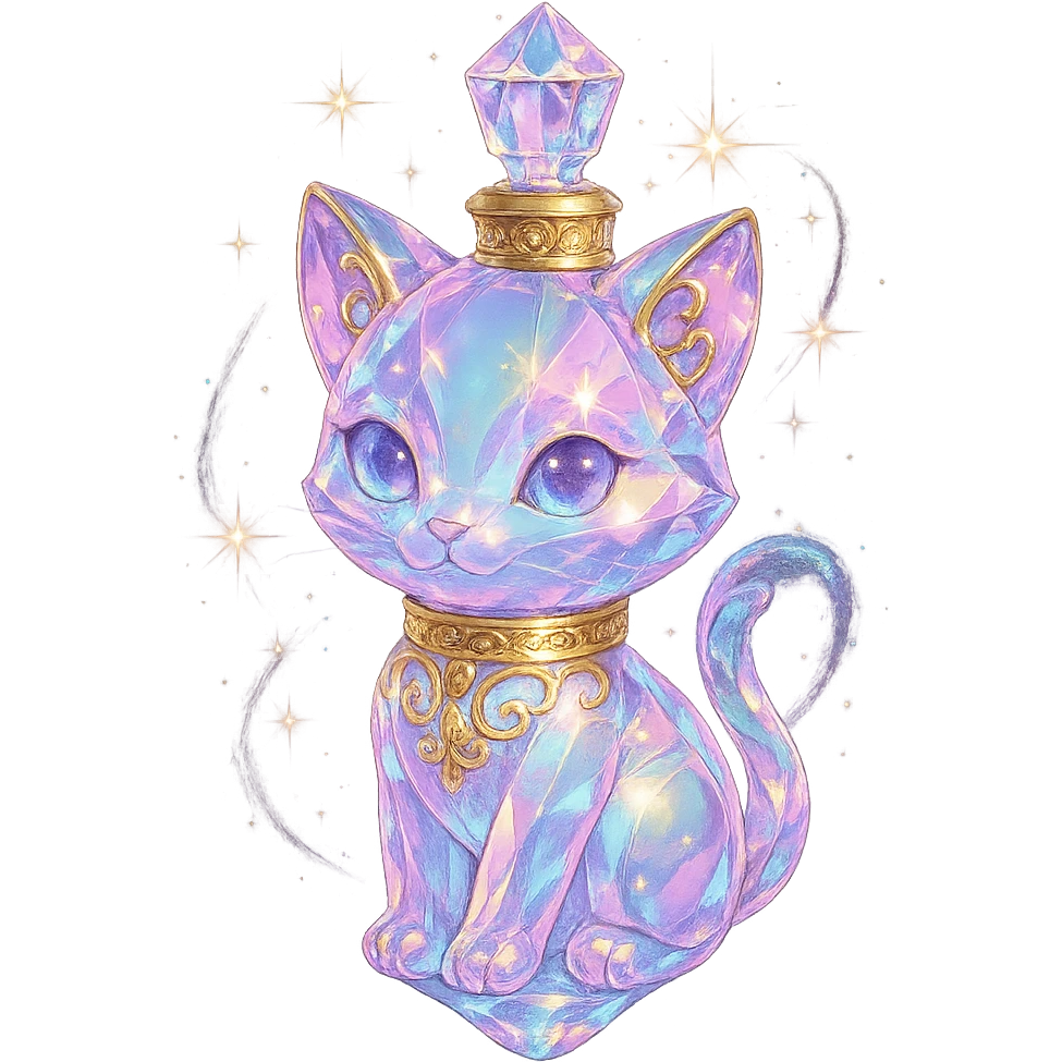 premium class crystal elixir bottle in the shape of a kitten, pastel gradient, lots of shine, edges, ornaments, golden details, magical effects, very small golden collar, transparent background, beautiful merging base, clearly floating in the air, no base or shadow, very luxurious, playful, fitting a collection emoji