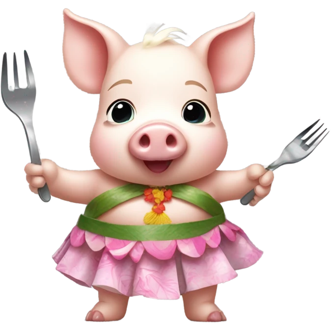 Baby pig wearing a hula skirt holding a fork add a coconut bra and a lay around its neck emoji