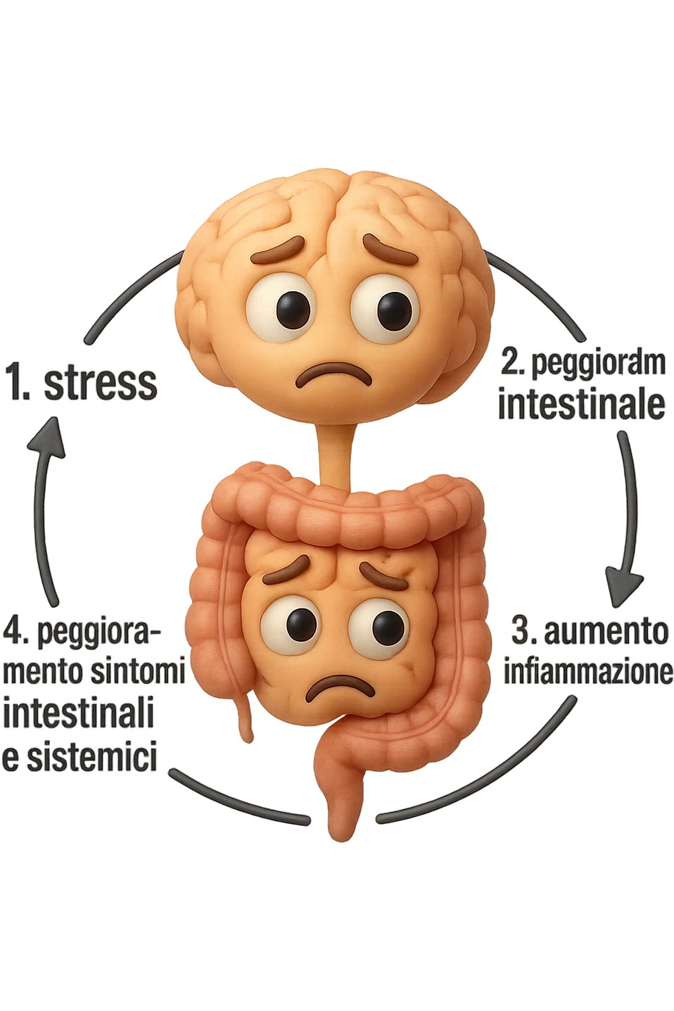 EMOJI STILE IPHONE 3D DI un cerchio con queste scritte che girano intorno in ordine per come li ho scritti "1. stress → 2. peggioramento intestinale → 3. aumento infiammazione → 4. peggioramento sintomi intestinali e sistemici." al centro del cerchio metti un cervello e intestino umani collegati verticalmente con espressione dubbiosa in volto, FALLO MOLTO REALISTICO IN 3D emoji