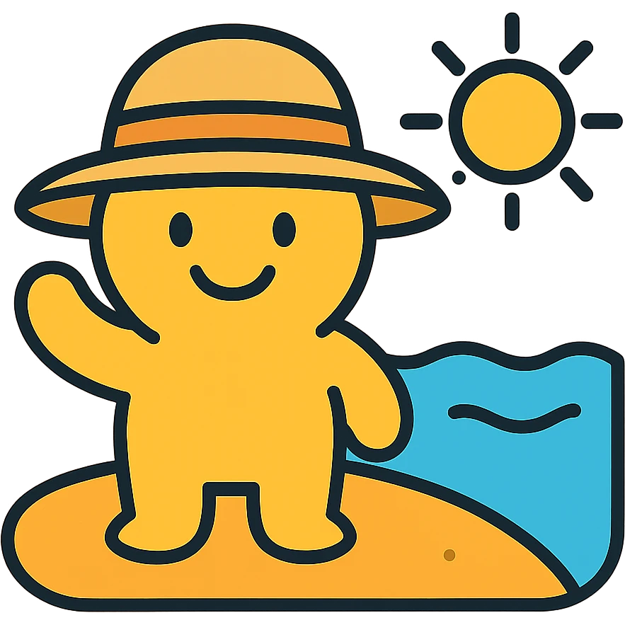 Happy beach character with sun hat on sandy beach with water and sun, highlighted emoji