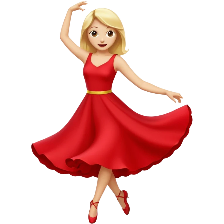 a yellow-blonde woman dancing wearing a red dress, in flat emoji / Apple style, smooth shapes, glossy highlights, bright saturated colors, simple features, minimal details, no outlines, red clothes flowing, joyful pose
 emoji