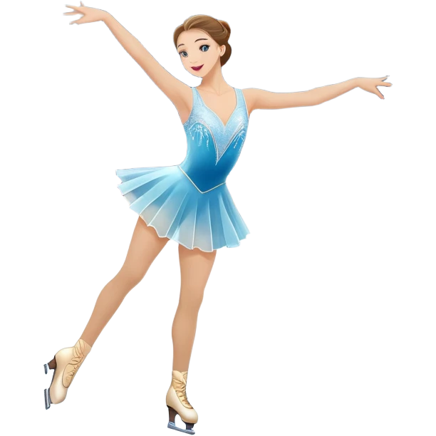 An colorful icon featuring The background includes a grand ice rink palace with shining spotlights and cheering spectators in the stands. A graceful figure skater performing a spin on the ice. Transparent background highlights the elegance and artistry of figure skating emoji