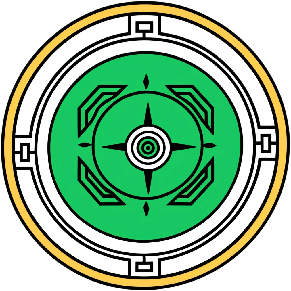 Maya sun symbol hieroglyph with precise geometric shapes, flat design, strictly white and deep green only, sharp angular lines, no curves emoji