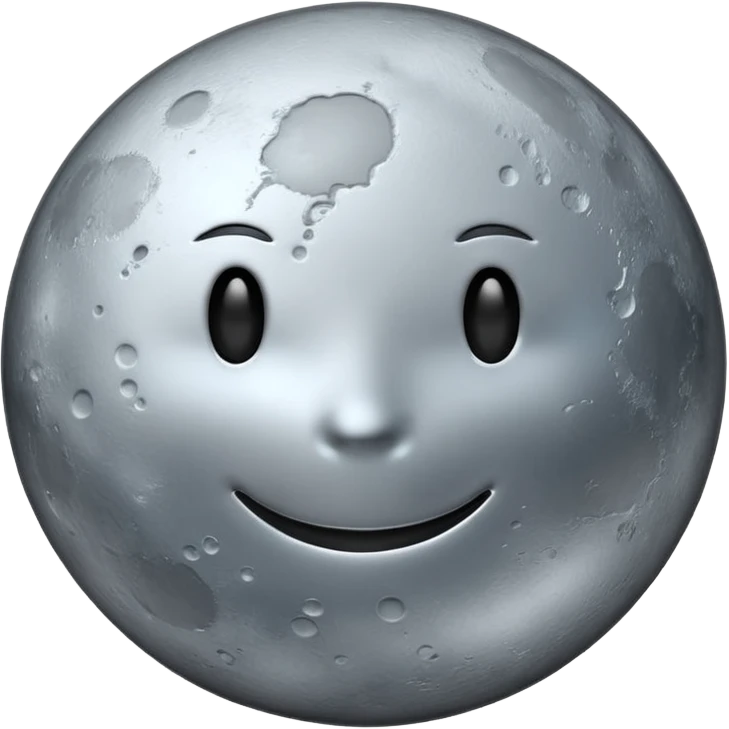 Polished silver moon emoji, chrome metallic texture, iOS emoji style, soft glow, smooth reflections, minimalistic design emoji