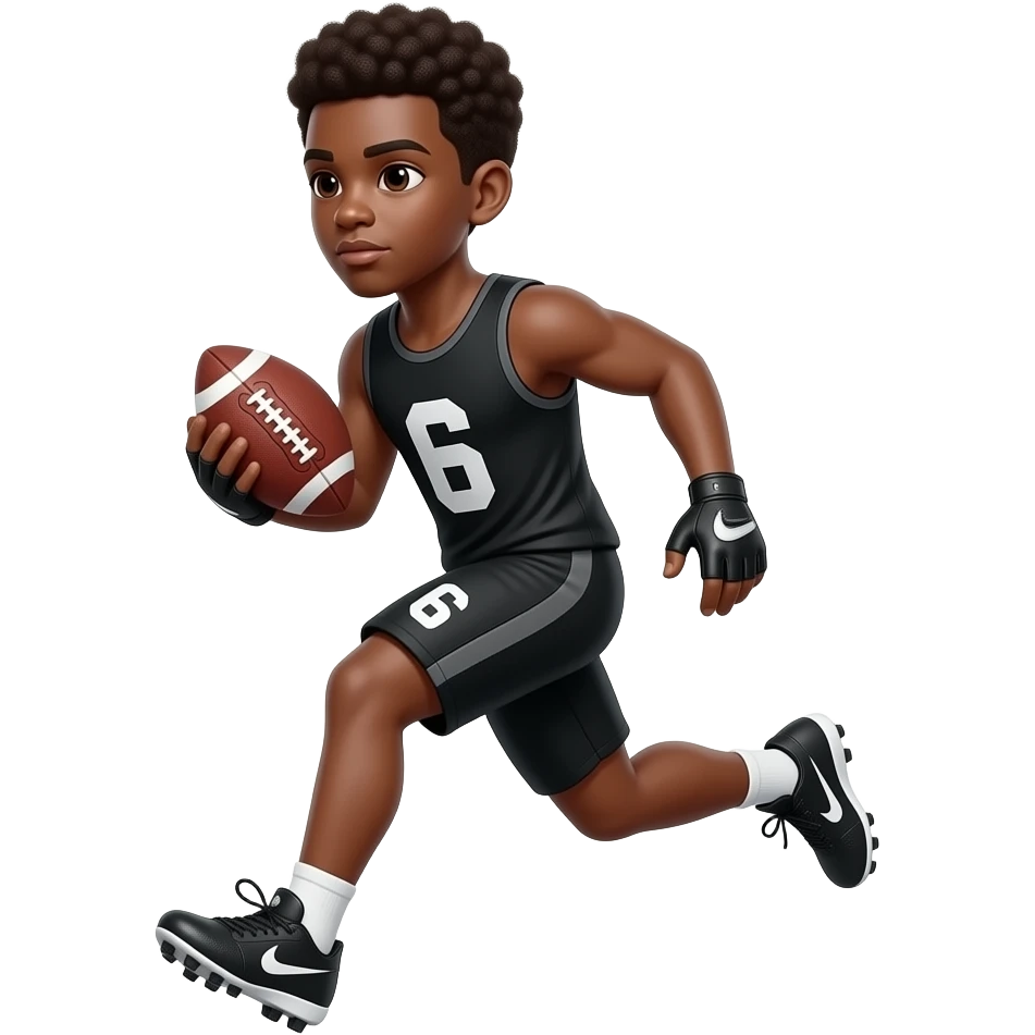 Brown skin teenager with little Afro with black tank top number 6 black shorts number 6 black gloves Nike cleats running with football emoji