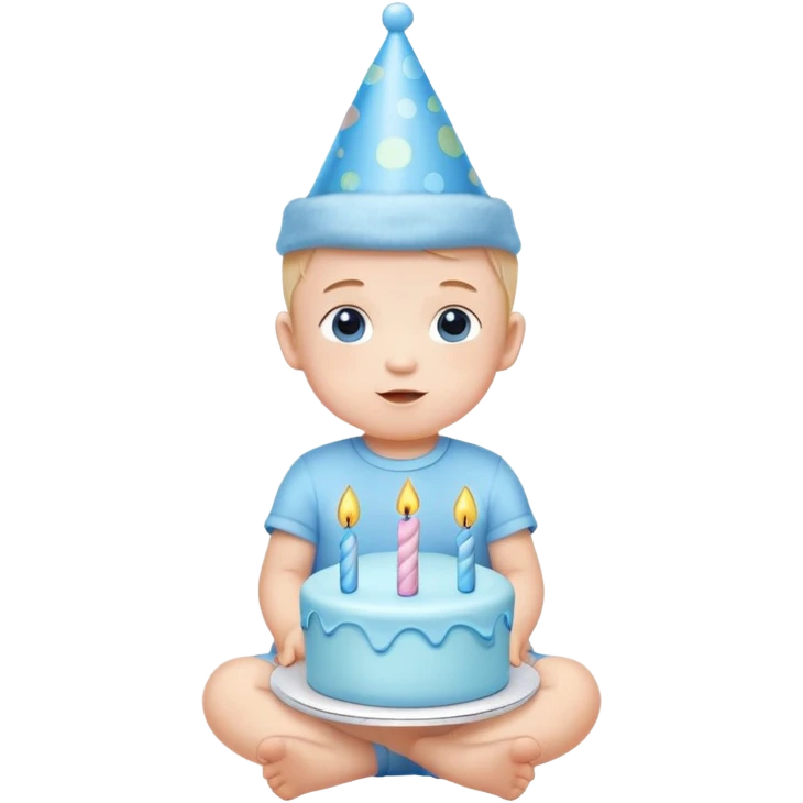 cute baby boy with pastel blue birthday hat and blue cake emoji