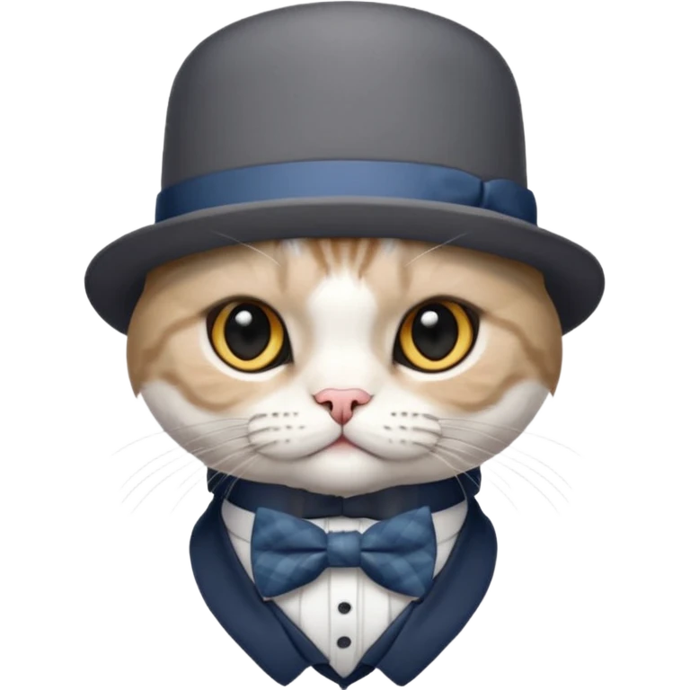 Cinsi scottish fold olan rengi Gri beyaz olan şapka ve papyon takan kedi emoji