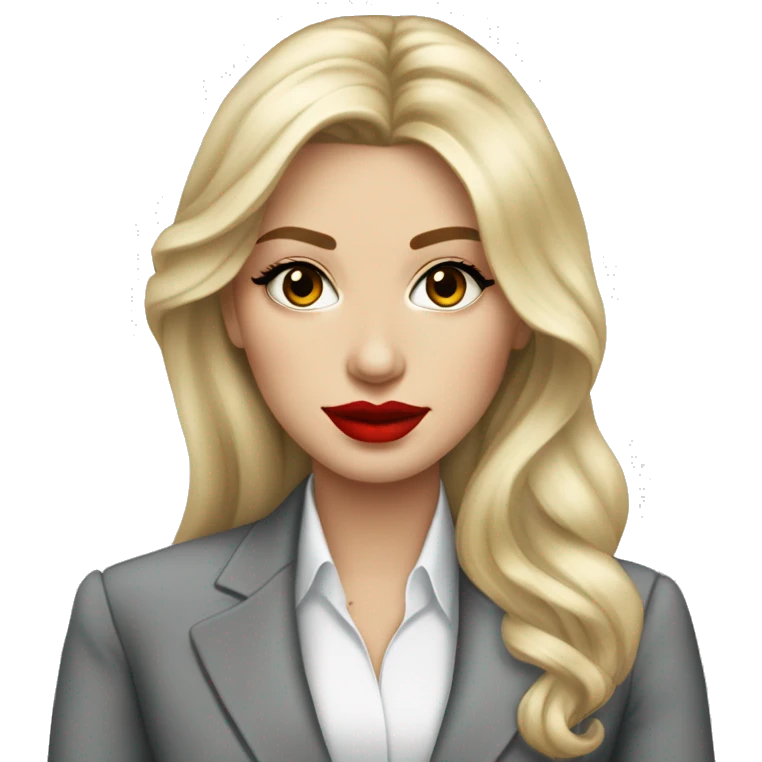Russian Blonde long hair with big red lips small nose and black eyes Tiffany diamond seller in a grey suit emoji