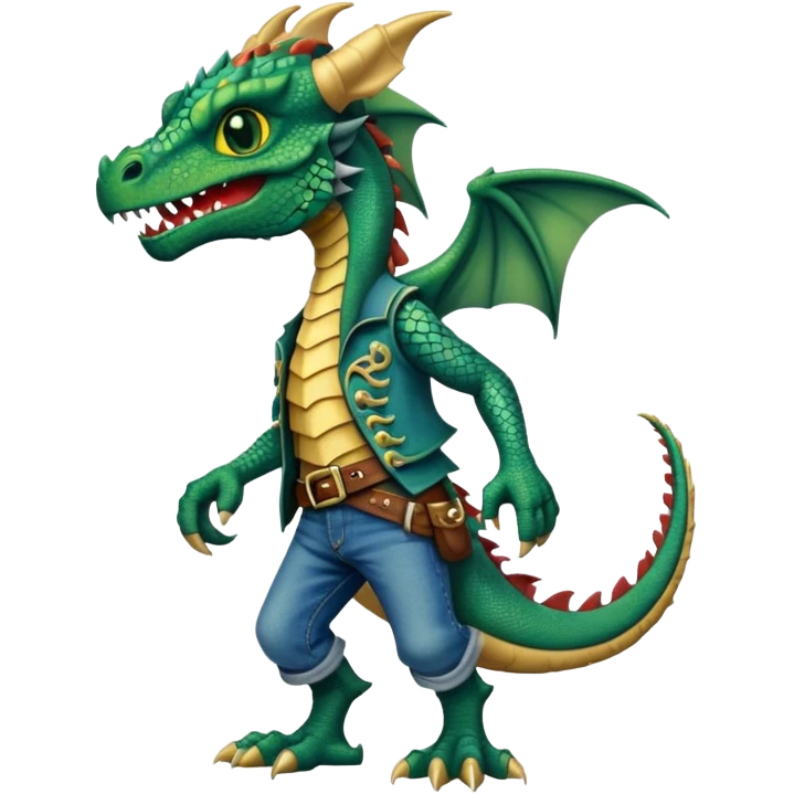anthropomorphised dragon in a band t-shirt and jeans wearing a pirate eye-patch walking upright emoji