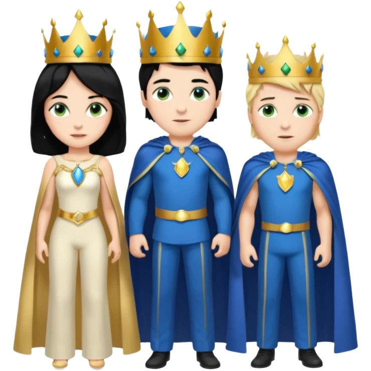 Prince with crown, blue cape and trousers, body and legs, black hair, blue eyes, woman blonde hair, green eyes, sexy white short sleveless dress,  emoji