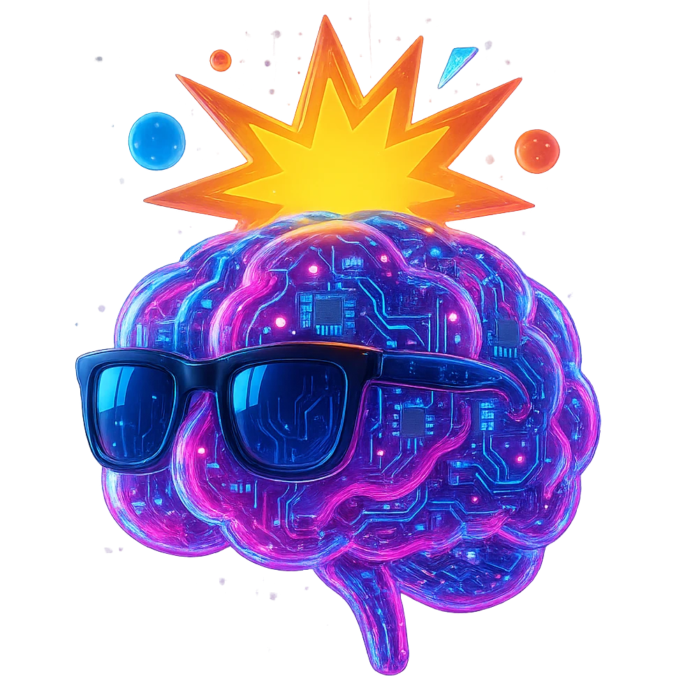 Update to a futuristic AI brain, add digital effects, circuit board patterns, and neon colors, sunglasses and energetic explosion stay. emoji
