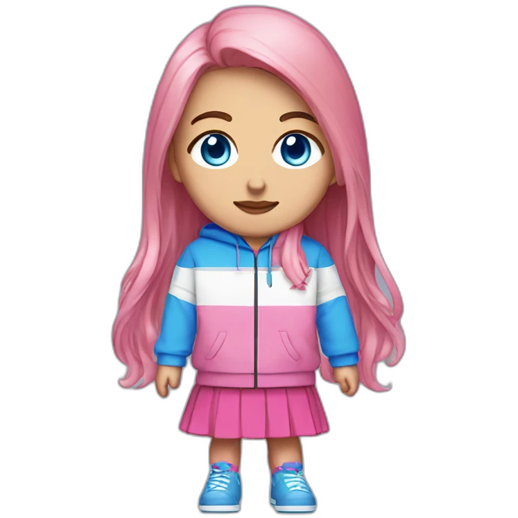 32x32 pixel art, 1 individual, full body visible, white background  pink, long hair bright blue eyes pink track jacket black japanese skirt emoji