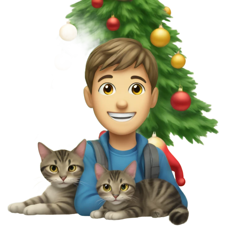 smiling boy by christmas tree and cat emoji