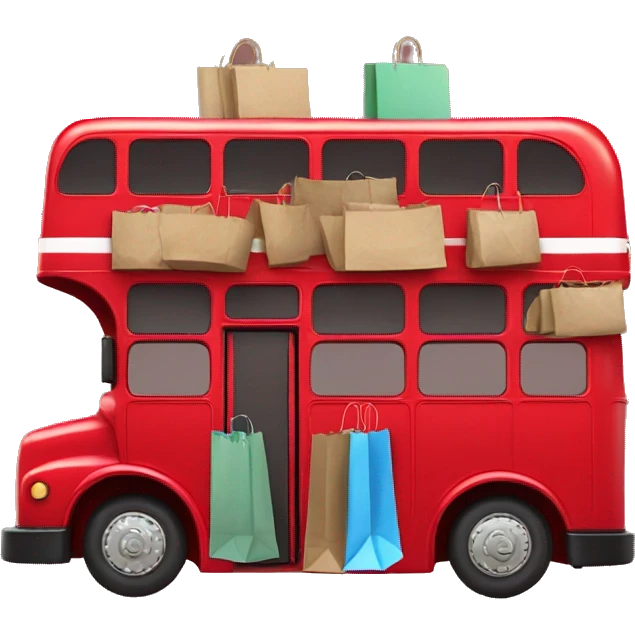 red double decker bus holding shopping bags emoji