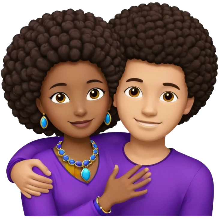 Tan male with short brown hair, smiling and hugging, black African girl with Afro in purple clothes with blue jewelry emoji