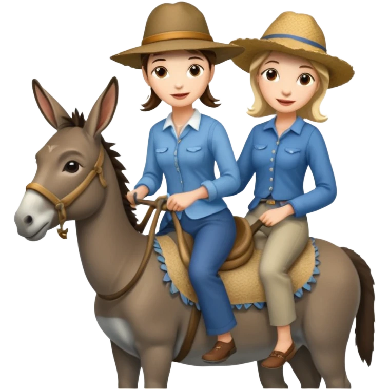 a lady on a donkey while the man is walking alongside the donkey emoji