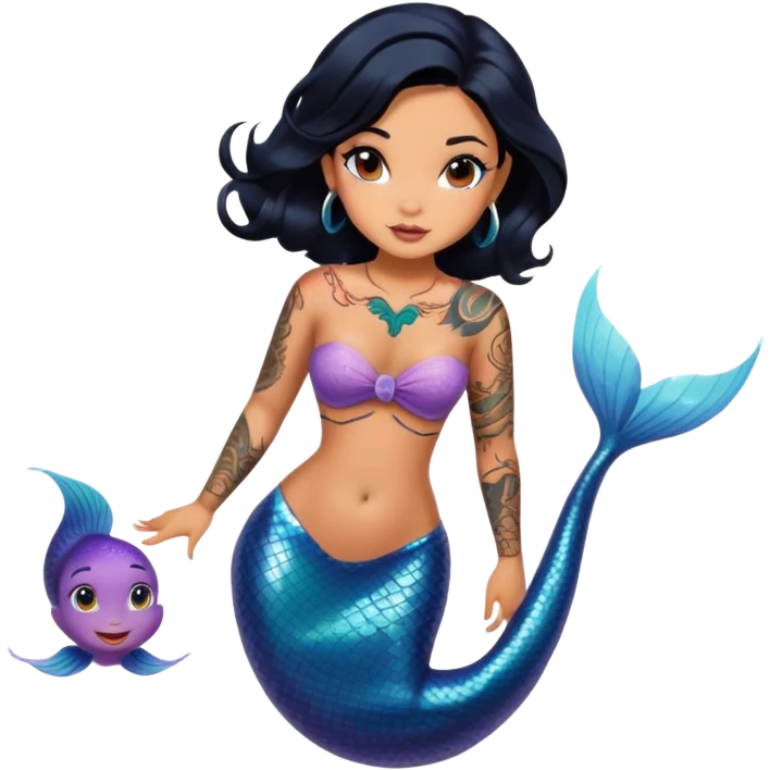 body tattoos, tanned, beautiful, woman, doll, black hair, mermaid emoji