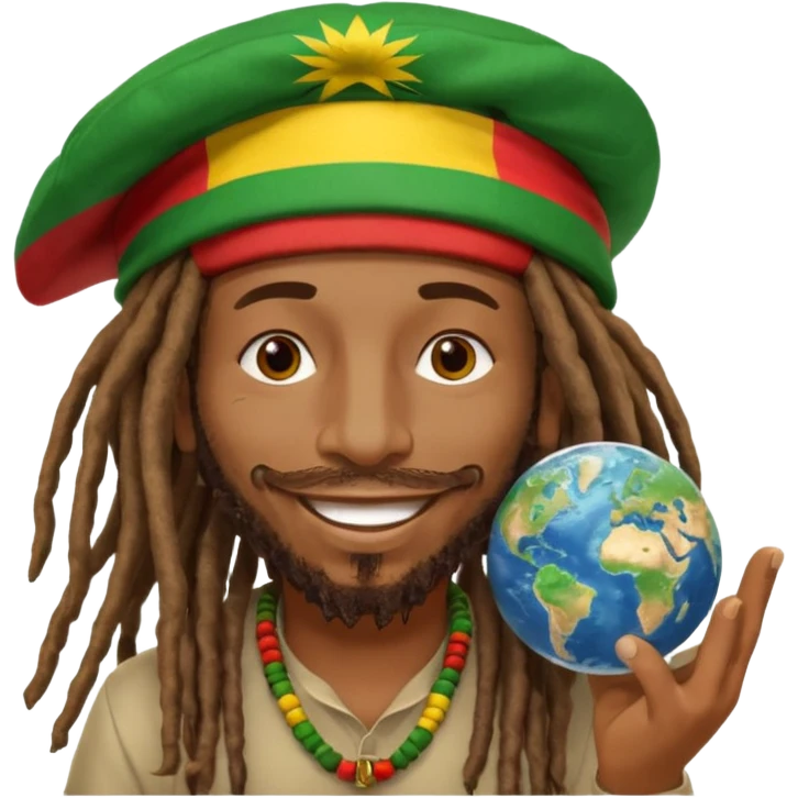 A rasta man bigging up di whole world 🎯🌍👊🏾👊🏻👊🏿🌍🎯 reggae vibes 🎶, love and unity ✨💛💚❤️, every nation stand strong 🇯🇲🌐 with the world in his hand fully of energy and it's obvious reggae music heals the soul maybe put it in text above his heard emoji
