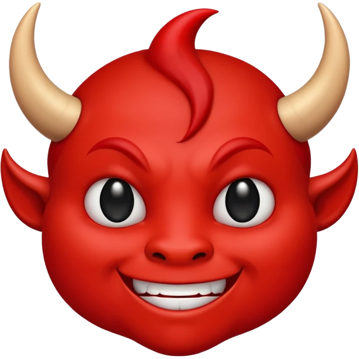 CARTOON STYLE EMOJI of a RED DEVIL FACE with small HORNS pointing up, BLACK EYES, and a MISCHIEVOUS SMILE. The entire face is RED with a smooth glossy texture. BACKGROUND is PURE WHITE, clean and simple. emoji