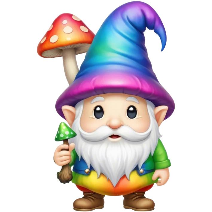 Psychedelic rainbow colored Gnome with a large mushroom  emoji