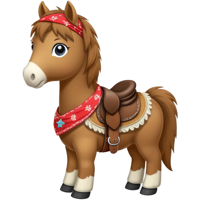 A brown plush pony with a western saddle and bandana emoji