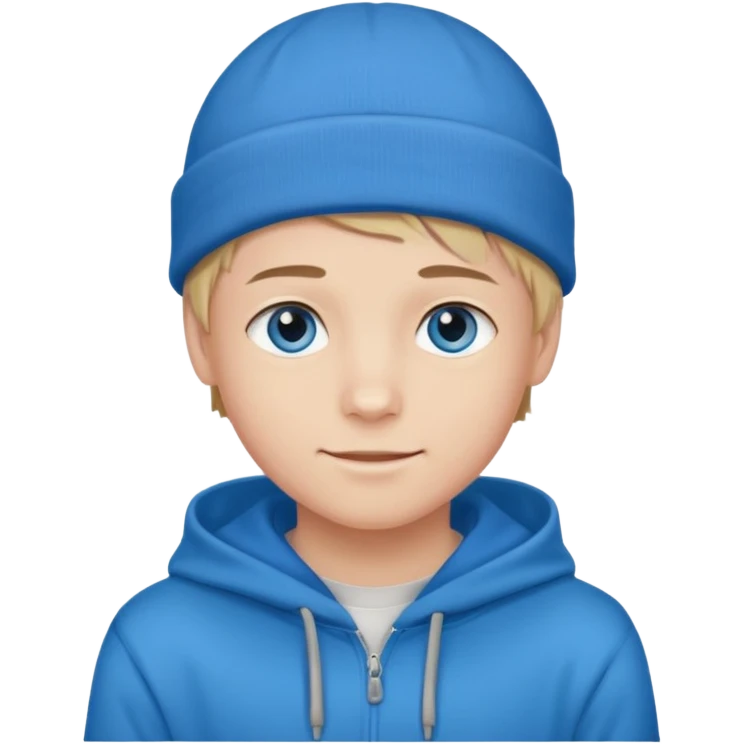 handsome and young teen pinterest boy good at fashion. popular among 'that brat girl', wearing hoodieand beanie with blue eye  and little smile emoji