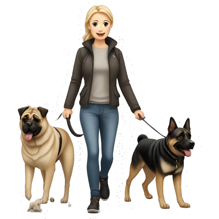 White Woman Walking two dogs. Pug and German shepherd  emoji