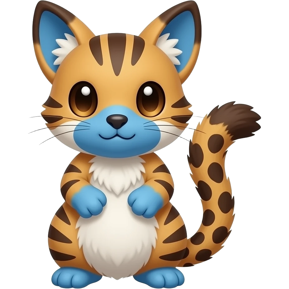 realistic sad precious cute young vertical-dark-brown-striped-and-vertical-white-striped Fakémon-Pokémon-feline-Zeraora-vernid-serval-caracal-chinchilla-Cinccino-rodent-hybrid-creature (full body) with cobalt-blue muzzle, cobalt-blue puffy fluffy paws, tufted spotted lynx-ears, spotted leopard tail emoji