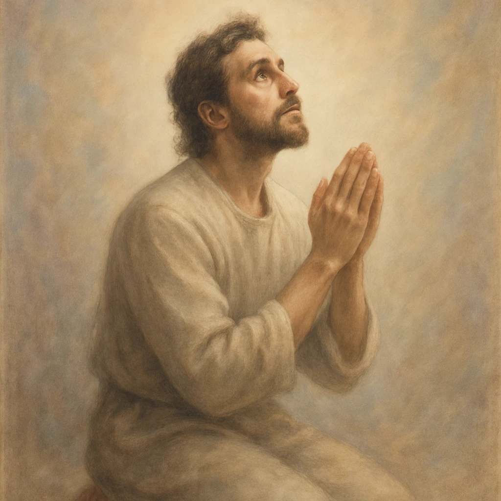 a person kneeling in prayer, hands together, looking up, spiritual atmosphere, gentle colors emoji