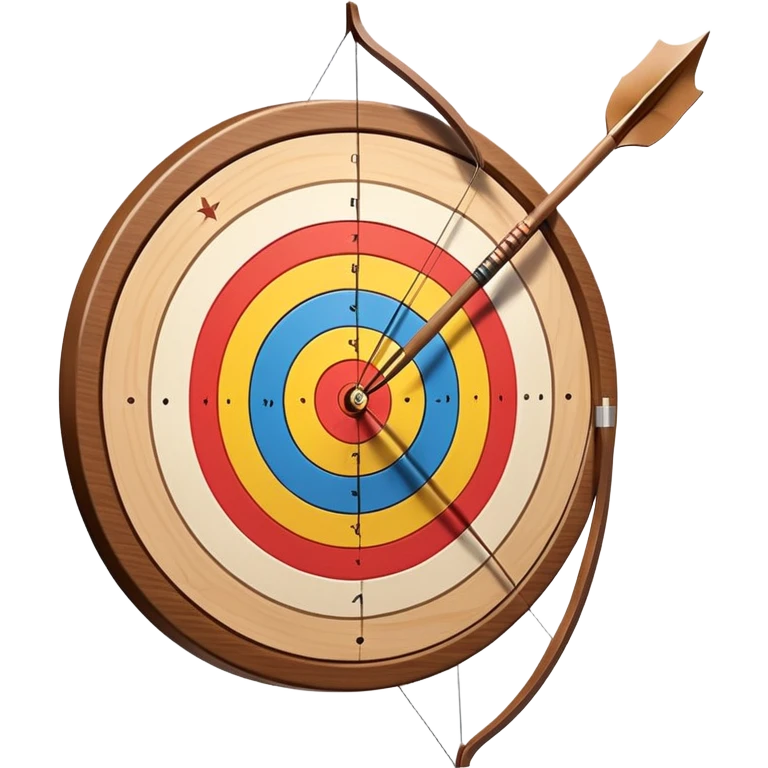 A professional recurve bow with an arrow nocked, ready to be released. The target features concentric rings, placed at a distance. The emphasis is on the bow, arrow, and target, highlighting the precision, focus, and skill involved in competitive archery. emoji