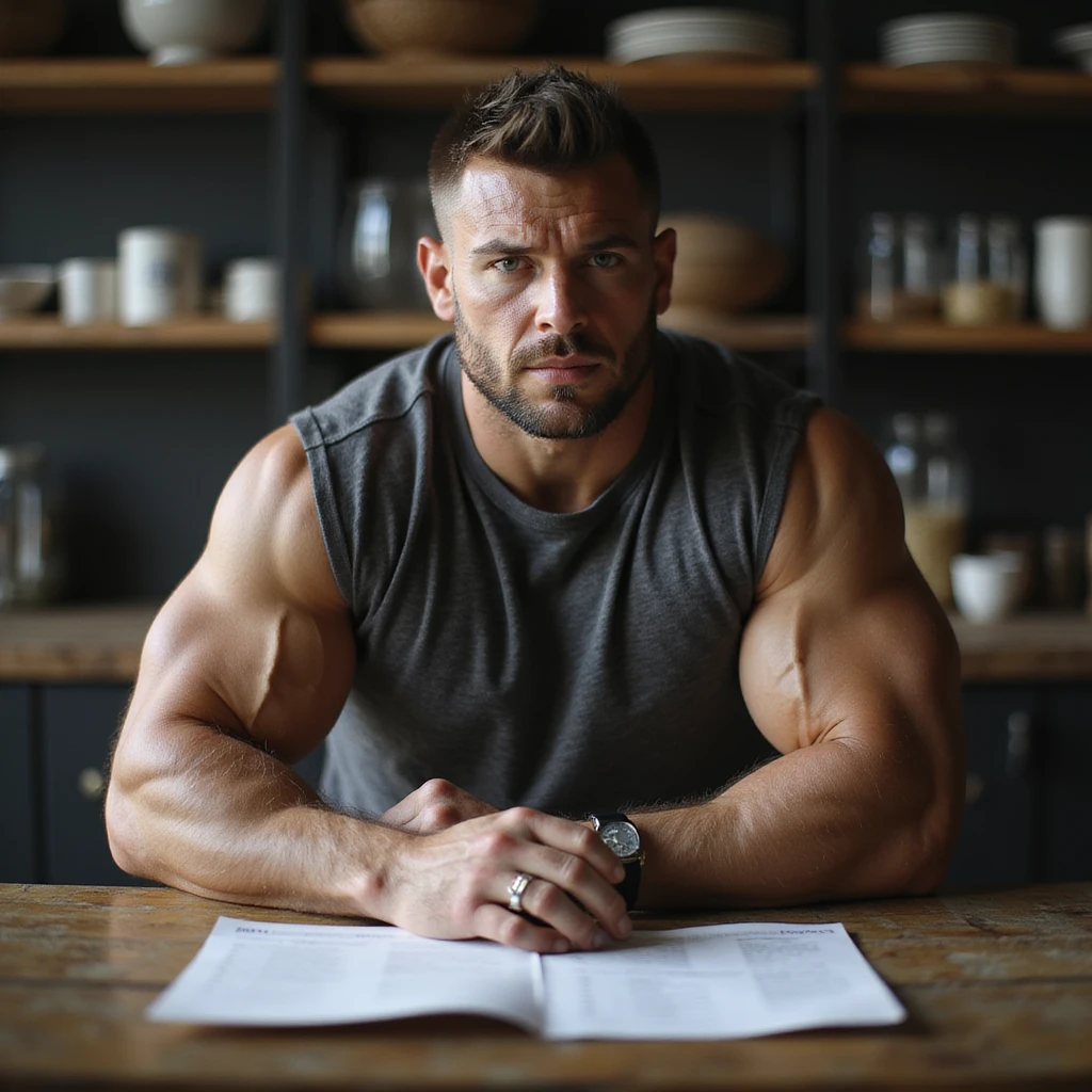 hyperrealistic 4K image of a bodybuilder sitting at a table with a meal plan in front, reflective expression, about to change diet focus from mass to definition, sheet showing old diet and new meal plan comparison, detailed kitchen or gym environment emoji