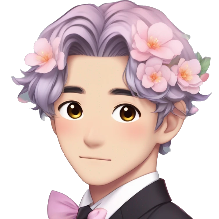 Gorgeous romantic sexy attractive anime style Asian formal modern gentlemanly guy with pretty hair and flower petals and blushing face aesthetic trending style with colorful gradient colors  pastelcore cottagecore kawaiicore emoji