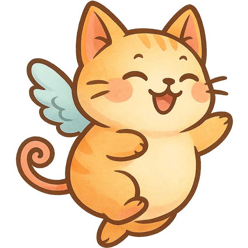 a plump cat with pig tail and wings, soaring, joyful, fantasy style, cute cartoon emoji