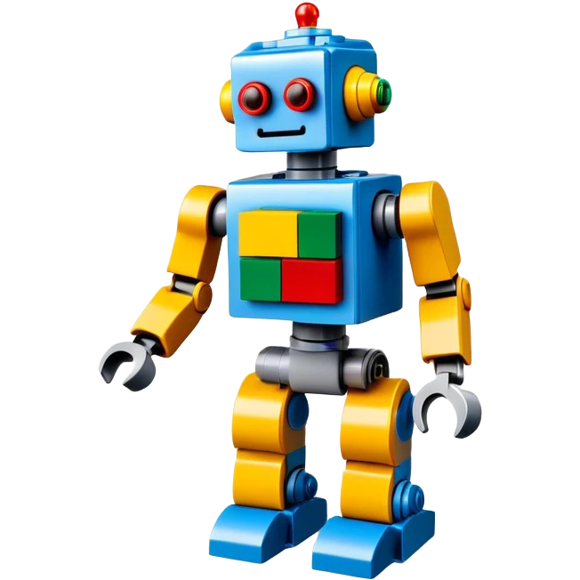 A photorealistic icon featuring a detailed robot figure built from LEGO bricks, with intricate parts and colorful pieces. The design includes the LEGO logo subtly visible, with a focus on the craftsmanship and creativity of the build. Transparent background. emoji