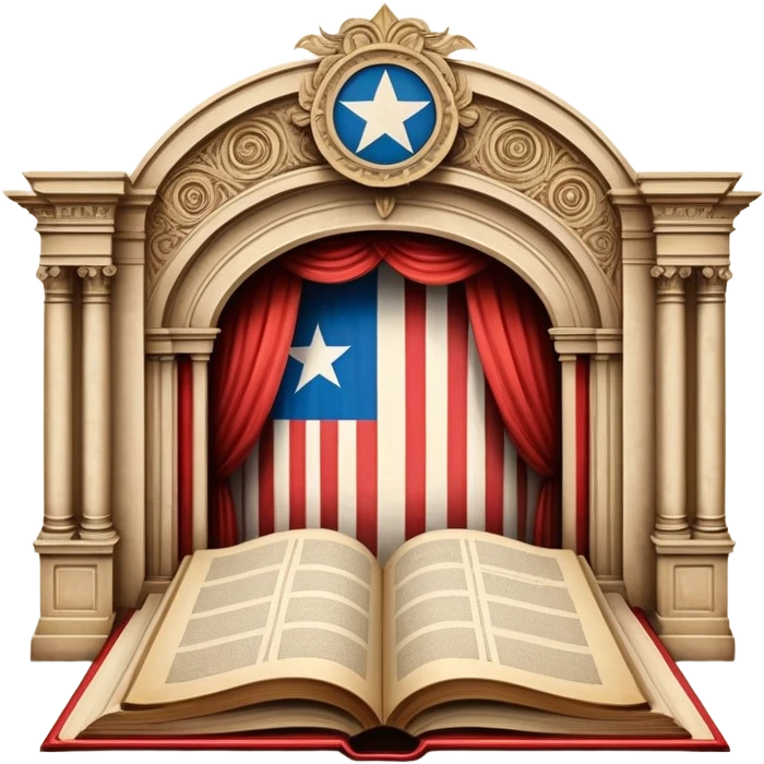 Vintage open book centered on elaborate theater scenography sketches, technical drawings of stage elements, set models on parchment pages, Puerto Rican flag elements throughout the designs emoji