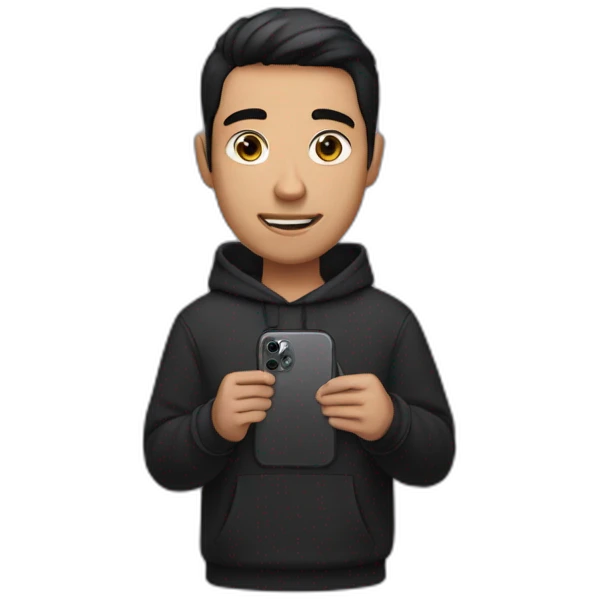 A man wearing a black hoodie, short black hair, and brown eyes, holding an iPhone 15 Pro in his hand emoji