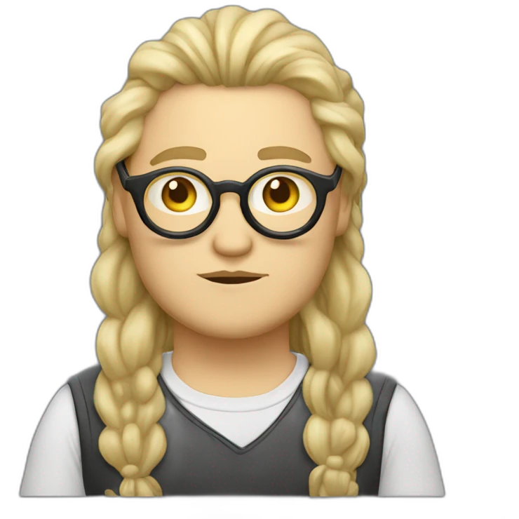 Chubby non binary Big lebowsky round glasses long blond hair chaotic beard vaporizer emoji