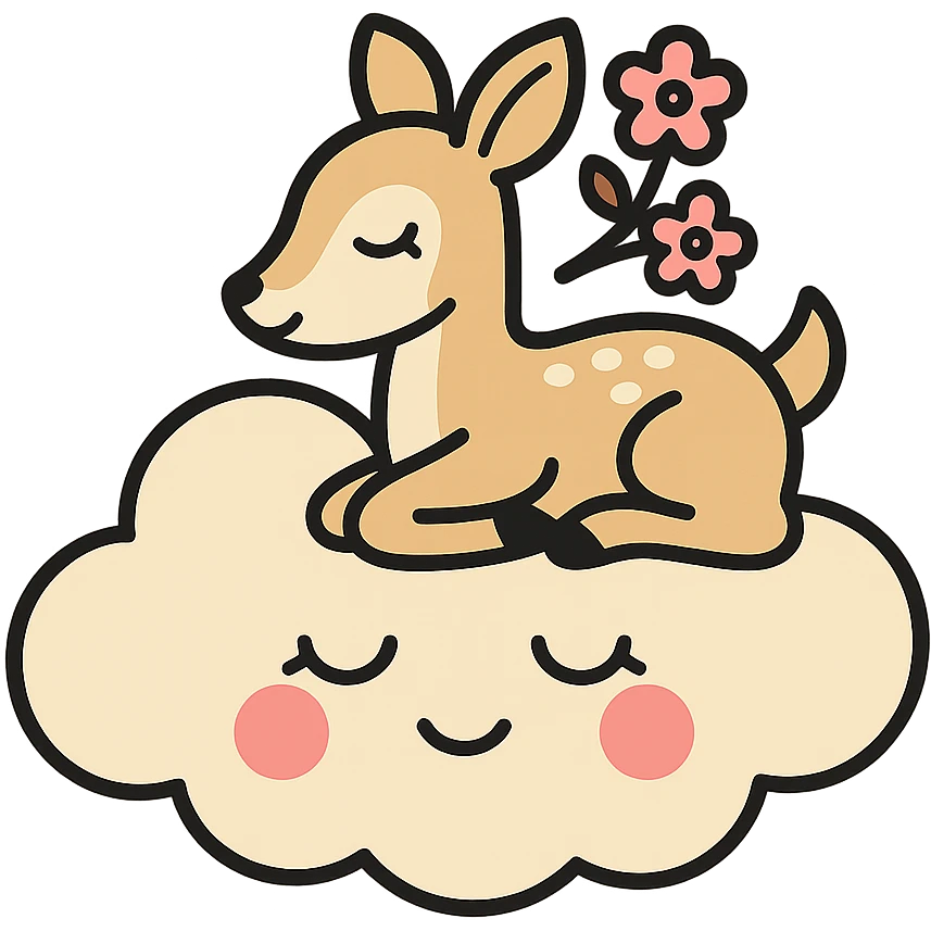 feminine adult vanilla cloud doe with rosy cheeks and cherry flowers, floating gracefully, minimalist style, brand identity, social media emoji