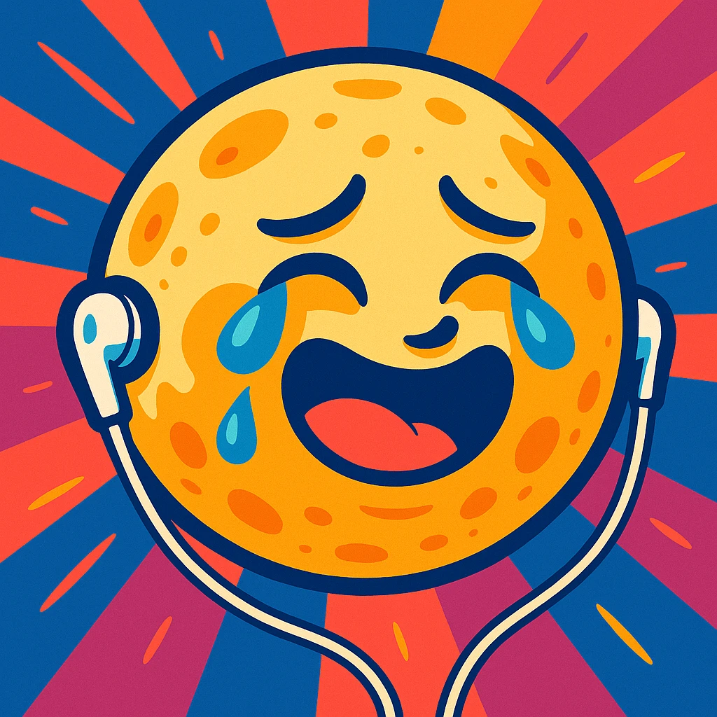 a full moon with earbuds, smiling and crying, vibrant modern illustration style, bold colors and dynamic composition emoji