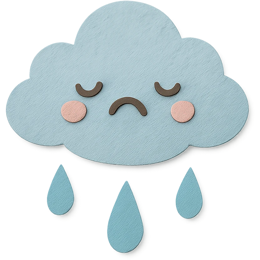 kawaii rain cloud, soft blue raindrops, sad face, soft pastel colors, no limbs, full body, paper craft style emoji