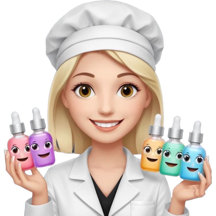 A smiling beautician with cold fake smile, calculating eyes, pointing at your cheek while holding 5 expensive serum bottle. predatory vibe.A face with a fake sweet smile, but the face is slowly consumed by shadows creeping from below. calculating eyes are visible in the dark emoji