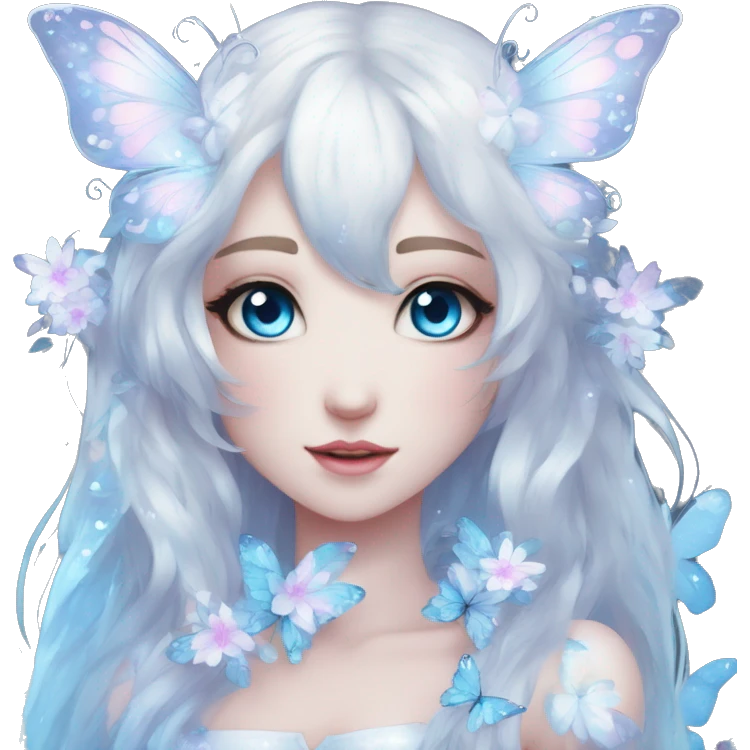 Edgy Cute Cool Kawaii gorgeous sparkly ethereal white fantasy animal with blue eyes sona with flowers and butterflies emoji