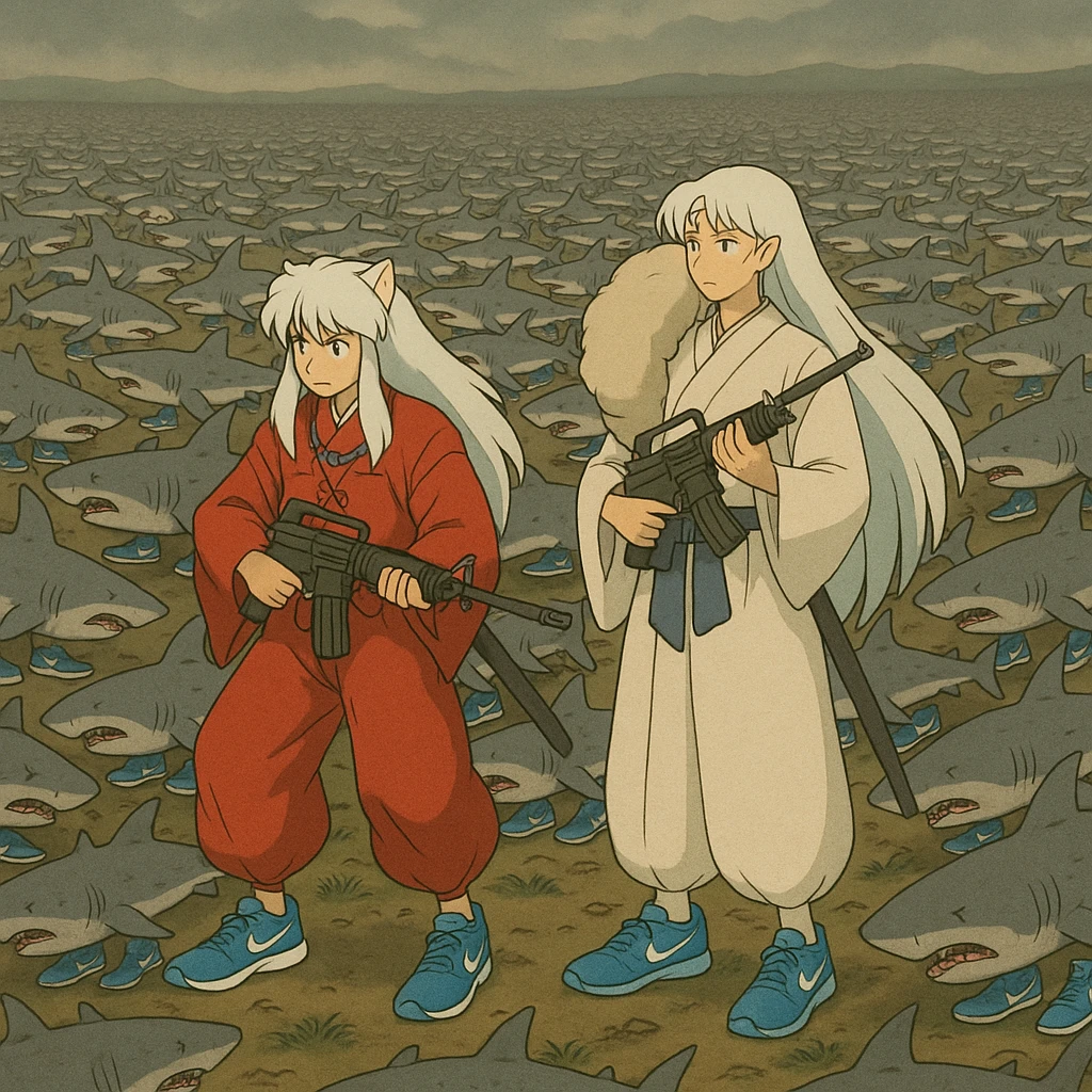 Inuyasha and sesshomaru take m16a4 vs 1 million shark They wear shoes blue Nike and all sharks They wear shoes Nike die emoji