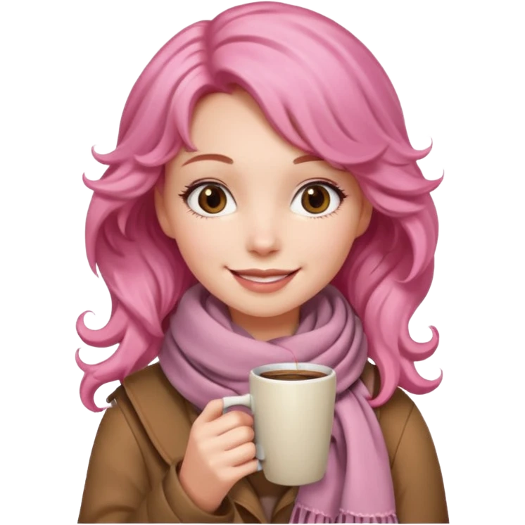 a girl with pink wavy hair, having scarf,  drink coffee, enjoy emoji