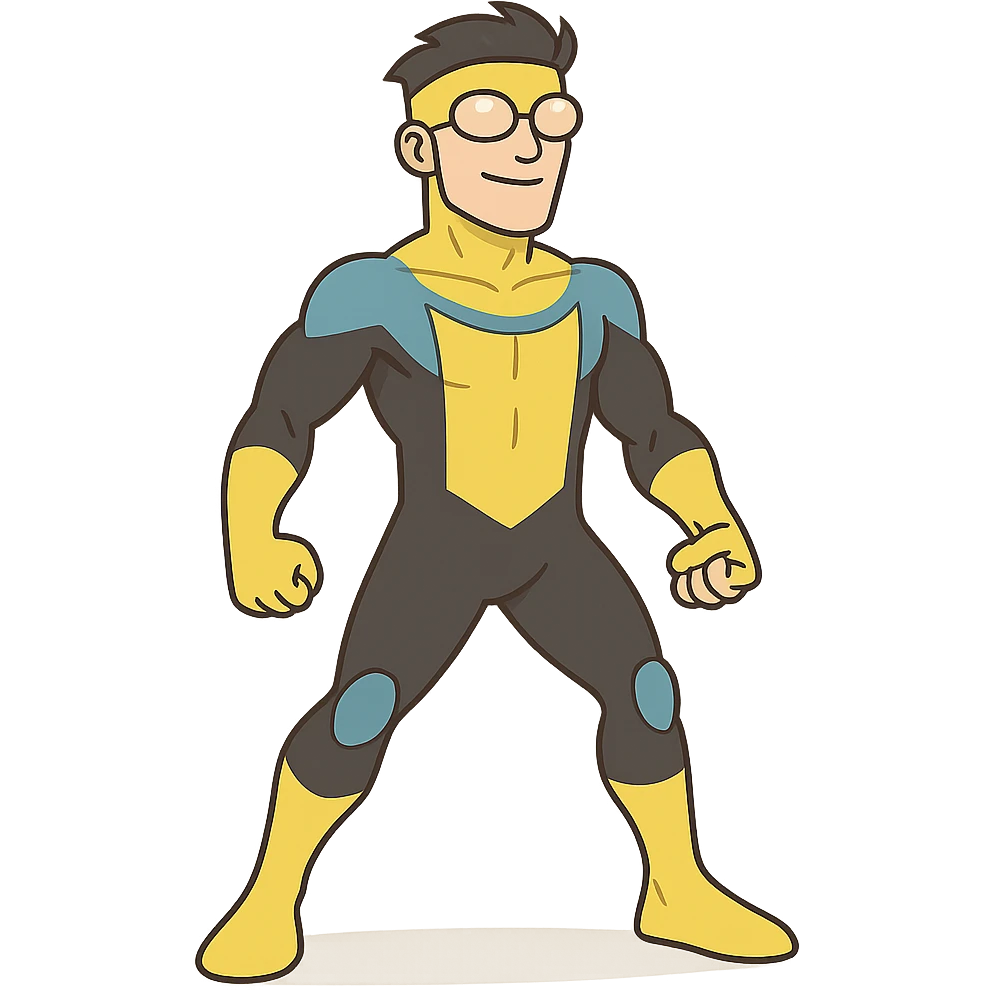 invincible superhero in blue and black suit with yellow goggles heroic stance cartoon style emoji