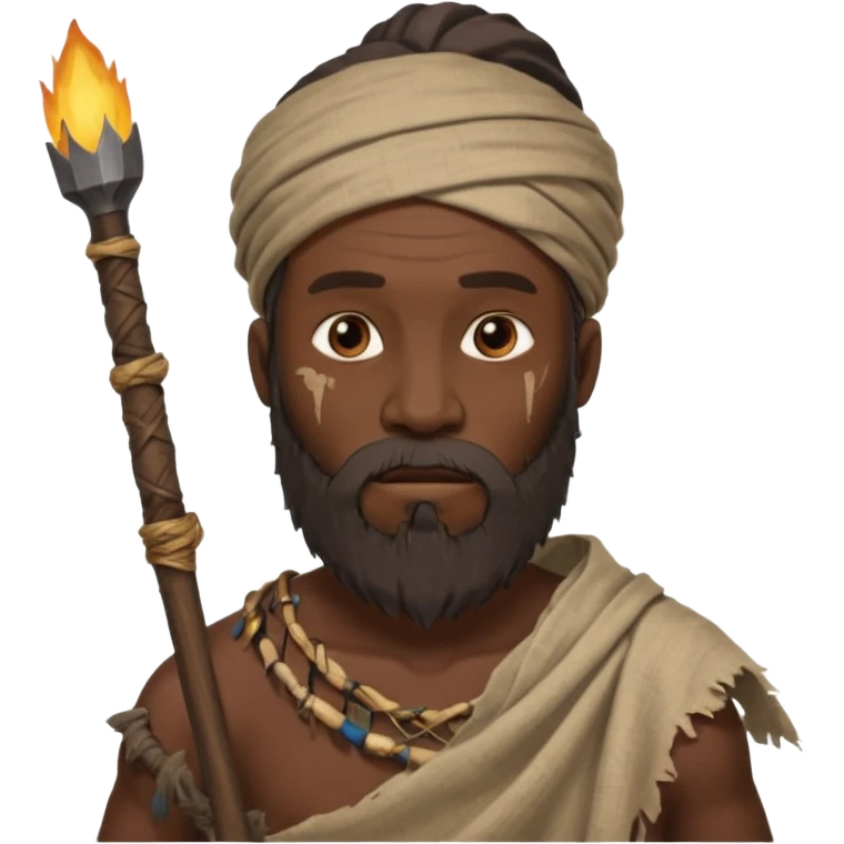 African ancient man, tattered cloth with raw stick weapon, beard and bold emoji