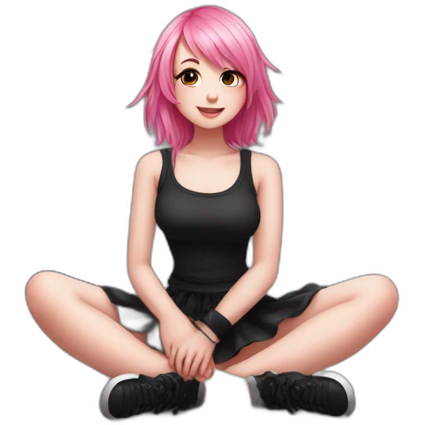 Full body Front view curvy emo girl pink hair sits on the floor straight view hands up black skirt полосатые рваные чулки emoji