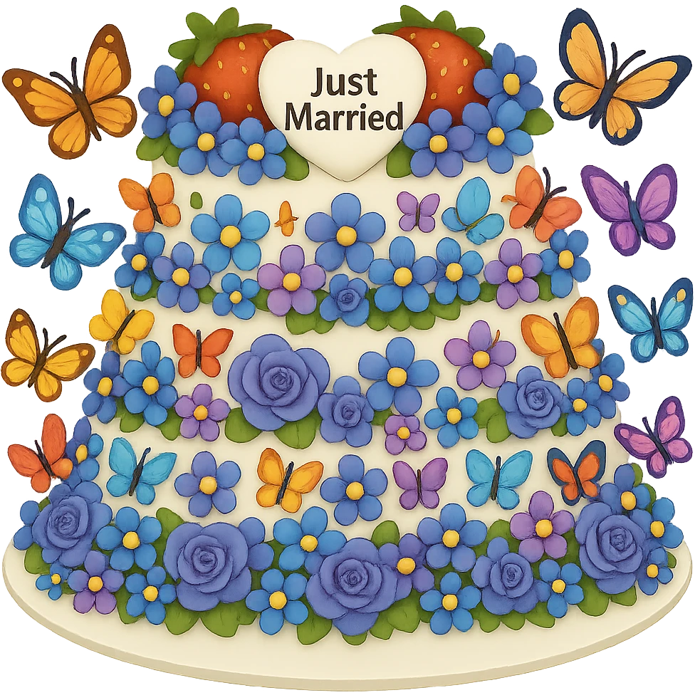 Add small colorful butterflies to the white wedding cake with strawberries, blue and purple flowers, and 'Just Married' topper. Style: emoji style. Remove background. emoji