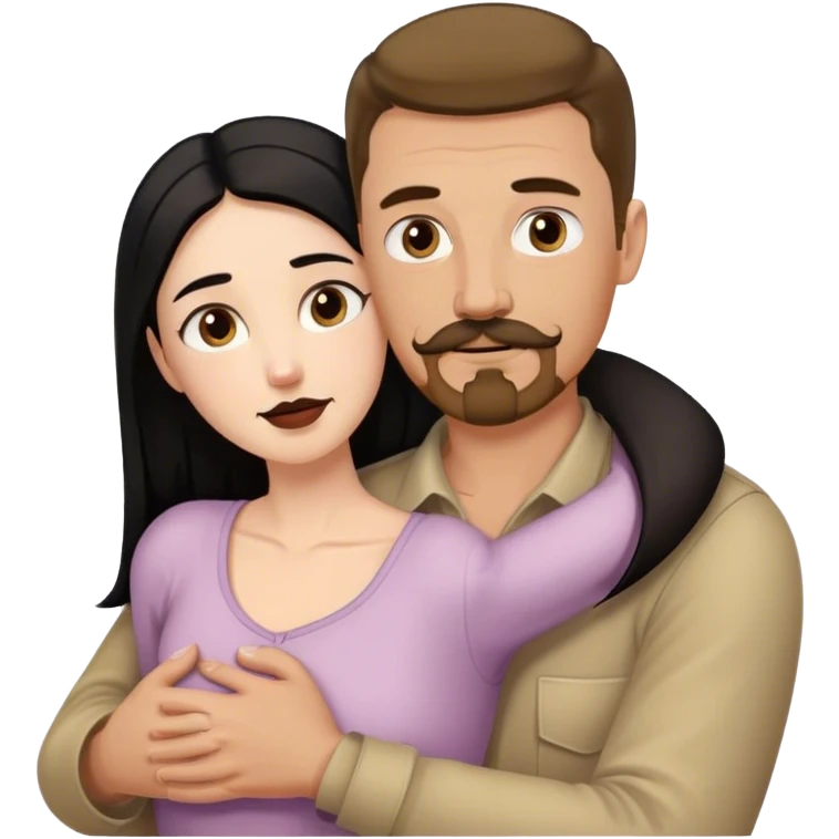 Tall white man with brown mustache and goatee hugging a short pale woman with long black hair emoji