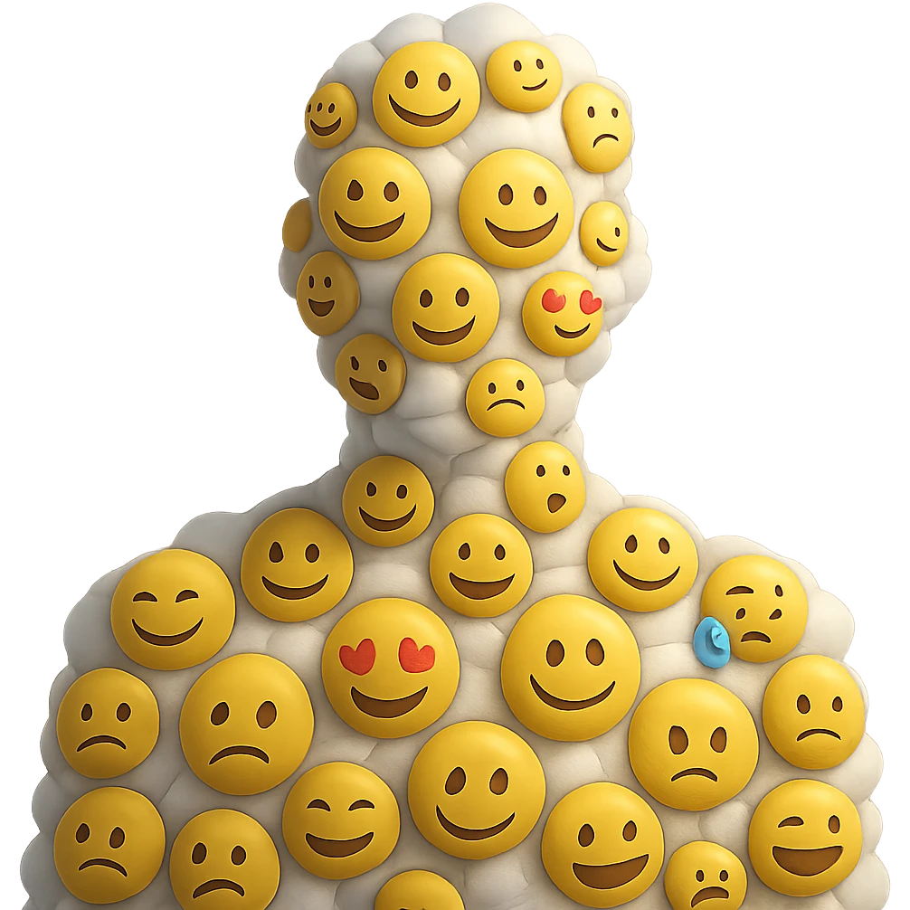 person composed entirely of volumetric emoji clouds, shoulder view, looking straight ahead emoji